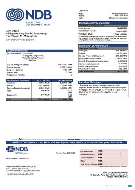 Download Myanmar Naypyitaw Development Bank (NDB) mortgage statement Word and PDF template Photoshop template